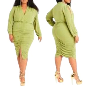 Ashley Stewart Size 14 16 Dress Mini Short Green Deep V Sexy Slit Long Sleeve - Picture 1 of 12