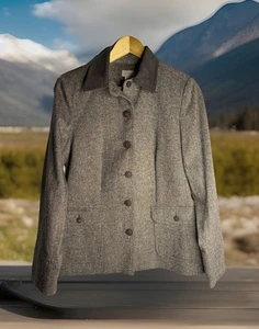 LL Bean Jacket Women Size 8 Brown Tweed Wool Silk Suede Equestrian Blazer OFHD4 - Picture 1 of 5