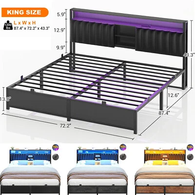 Marco de cama resistente con tomas de corriente y luces LED y cabecero tapizado de cuero Foto 1 de 4