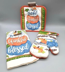NUOVO Grateful Thankful Beated Zucche Asciugamano Cucina Forno Guant & Pentola Porta 3 pz - Foto 1 di 9