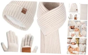 Winter Beanie Hat Scarf Gloves Set, Fleece Lined Beanie Pom Long Scarf Beige - Picture 1 of 8
