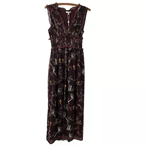 Max Studio Deep Burgundy Floral Vneck Smocked Sleeveless Chiffon Maxi Dress S - Picture 1 of 6