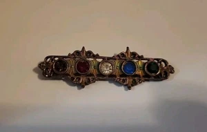 Gold Tone Cabochon Rhinestone Bar Pin 2.75” Needs Clean Discolor Photos Descrip - Picture 1 of 4