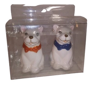 NEW MainStays Terrior Bulldog Dog Ceramic Salt & Pepper Shaker White Poppy Set - Picture 1 of 4