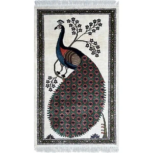 Amma Carpets Hand Knotted Peacock Art Silk Rug 2.5x4 Feet White Luxury Tradition - Picture 1 of 5