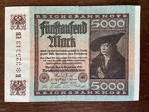 1922 Billete de banco del Reich de 5000 marcos papel moneda billete del Tesoro - Imagen 1 de 4