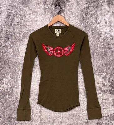 Camisa Bordada Vintage Lucky Brand Top Térmico XS Mujer Y2K Verde Alas de Paz Foto 1 de 4