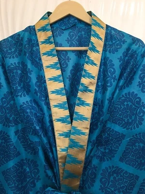 Pure Silk Midi Kimono Robe Knee Length Gown Silk Kimono Robe Blue MKMO2267 - Image 1 of 4