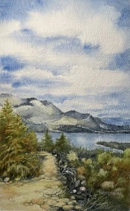 Pamela Wilhelm Original großes 10,25x17 Aquarell Plattkopf Seeblick mit Spur - Bild 1 von 5