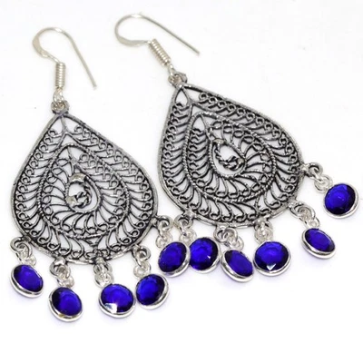 Pendientes de piedras preciosas chapadas en plata 925 de topacio azul 2,6" joyería estética JW Foto 1 de 3