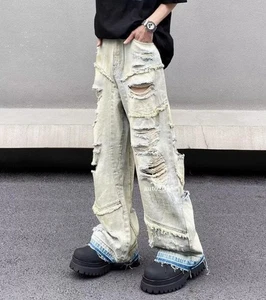 Men's Retro Yellow Blue Denim Jeans Ripped Holes Tassels Straight Leg Punk Pants - Picture 1 of 25