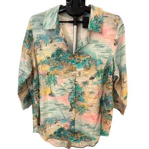C&C California Shirt Womens 1x Beach Linen Tropical Palm Tree Button Down Blouse - Picture 1 of 11