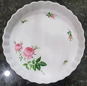 Piatto torta quiche scanalato ceramica Christine Holm vintage motivo rosa 9,5" - Foto 1 di 5
