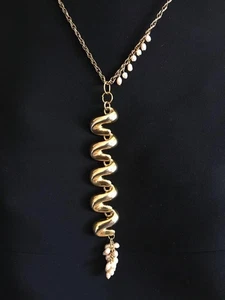 SALE: ooak BOLD Necklace 24” chain w 5.5” PENDANT tiny PEARL BRASS made in USA - Picture 1 of 9
