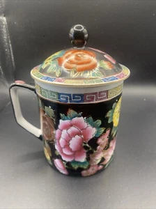 Chinese Tea Mug Set Mun Shou Vivid Floral Vine Black, Gold Lidded Coffee Cup - Picture 1 of 8