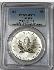 1989 $5 Canada MAPLE LEAF PCGS MS69 Queen Elizabeth II - 1 Oz Silver Coin. - Picture 1 of 3