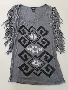 Damenshirt Top Bluse Rue 21 kleine Fransen auf beiden Seiten, schwarz & grau - Bild 1 von 9