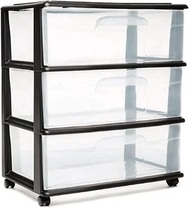 Drawer Tower, 3-Tier Wide Clear Plastic Storage Organizer Cart, Black Frame - Picture 1 of 9