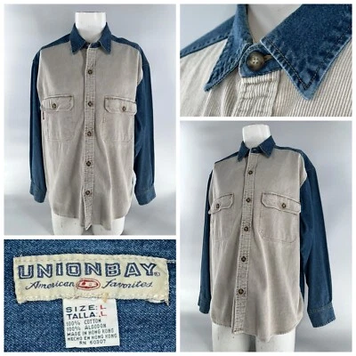 Vintage UNIONBAY Corduroy Denim Button-Up Shirt Men L Blue Tan Cotton YGI K4-14 - Image 1 of 4