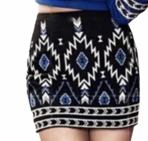DIVIDED H&M Skirt 6 Black Linen Beaded Lined Cowgirl Aztec Western Boho - Picture 1 of 10