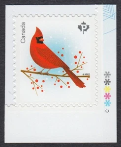 CARDINAL = CHRISTMAS BIRDS = stamp with COLOUR ID marks. Canada 2022 - Picture 1 of 1
