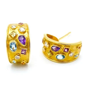 0.26Ct Natural Diamond Amethyst Peridot & Citrine 18k Yellow Gold Earrings - Picture 1 of 12