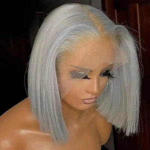 Silver Grey Lace Front Wig Straight 13x4 Lace Transparent Front Wigs Human Hair - Picture 1 of 6