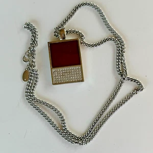 Ann Taylor Silver Tone Purple Rhinestone Pendant Long Chain Necklace Rectangular - Picture 1 of 8