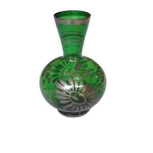 Emerald Green Glass Silver Floral Overlay Painted Art Nouveau Czech Vase
