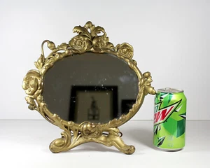 Antique Jennings Brothers JB ART NOUVEAU BRASS MIRROR Oval Floral Standing Frame - Picture 1 of 12
