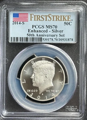 2014 S Kennedy Enhanced Silver 50C 50th Anniversary PCGS MS70 First Strike PF LK - Image 1 of 3