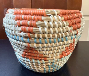 Handwoven Wicker & Vinyl Basket Planter With Liner Tan Orange Blue White 6" Tall - Picture 1 of 11