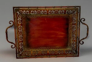 Vintage Asian Inspired Metal Serving Tray Handles Cutouts Patina Feet Heavy - Picture 1 of 14