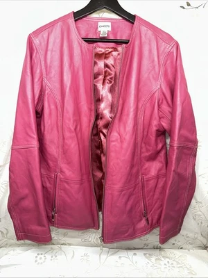 Chaqueta de Cuero Genuino CHICOS para Mujer Talla 3 US XL Rosa Bolsillos con Cremallera Barbiecore Foto 1 de 4