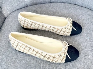 2025K Chanel Lana Mohair Tweed Crudo Beige Oro Tela Ballet Zapatos Planos Talla 39 - Imagen 1 de 22