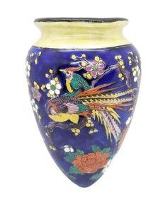 Japanese Hand Painted Birds Nippon Cobalt Blue Porcelain Wall Pocket/Planter - Picture 1 of 5