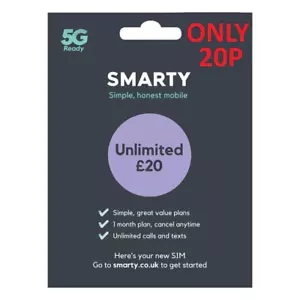 SMARTY NETWORK Sim Card Pay As You Go Trio SIM CARD 3G 4G 5G PLAN £20 UNLIMITED - Picture 1 of 1