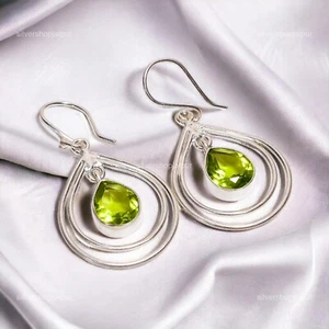 Natural Peridot Sister Hook Dangle Heart Chakra New Earrings 925 Sterling Silver - Picture 1 of 9
