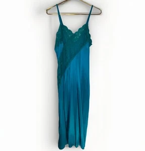 Maxi Vestido Sin Mangas Fredericks Of Hollywood Años 90 Verde Azulado Encaje Con Abertura Alta Talla Lg De Colección - Imagen 1 de 8