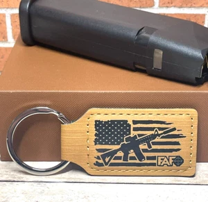 Tactical FAFO Keychain - PU Leather Bamboo and Black Engraved Gun Flag Keychain - Picture 1 of 5