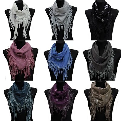 MARKENLOS Dreieckstuch Halstuch Tuch Schal Stola Damen Fransen Spitze Faltens​chal Cotton