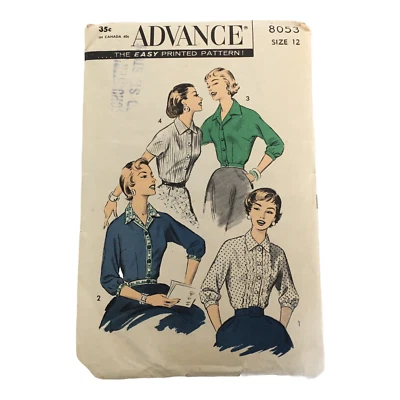 Advance Sewing Pattern 8053 Vintage 1950s Misses Blouses Size 12 Bust 32 1956 - Image 1 of 4