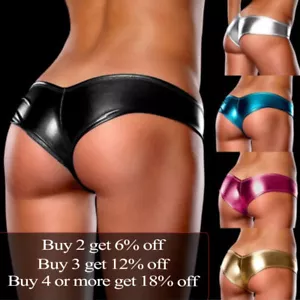 Women Sexy Wet Look Brief Faux Leather G-String Thong Panties Lingerie Underwear - Picture 1 of 30