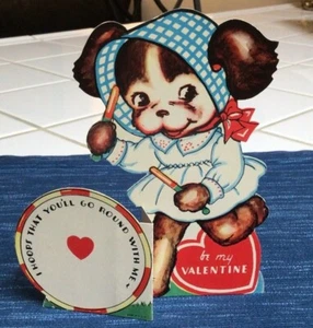Vintage Hoop Rolling Dog San Valentino Die Cut Card Stand Up Made in USA ~755A - Foto 1 di 4
