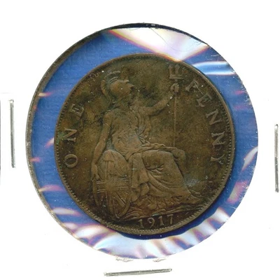 1917 Inglês One Penny Grã-Bretanha #32 King George V centavo de bronze 1c Inglaterra Reino Unido - Imagem 1 de 3