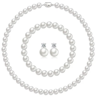 Collares de perlas para mujer, conjunto de joyas de collar y pendiente de perlas de 8 mm... Foto 1 de 4