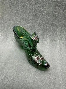 Fenton Green Carnival Glass Imperial Slipper Hand Painted & Signed 6.5" - Picture 1 of 12