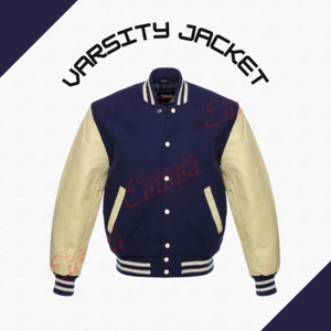 Chaqueta universitaria de lana para hombre Chaqueta universitaria de béisbol Cuerpo de lana Mangas de cuero real - Imagen 1 de 6