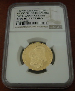 Panama 1977FM Gold 100 Balboas NGC PF70UC 500th Anniversary - Birth of Balboa