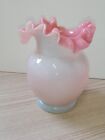 Hand Blown c1950s Dusky Rose Pink Opalescent Glass Vase Fluted Rim 12.5cm/5"H
